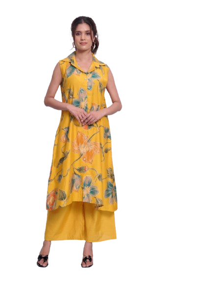 Yellow Printed Shirt Style Cord Set
