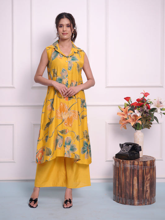 Yellow Printed Shirt Style Cord Set