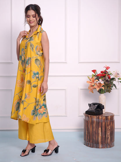 Yellow Printed Shirt Style Cord Set