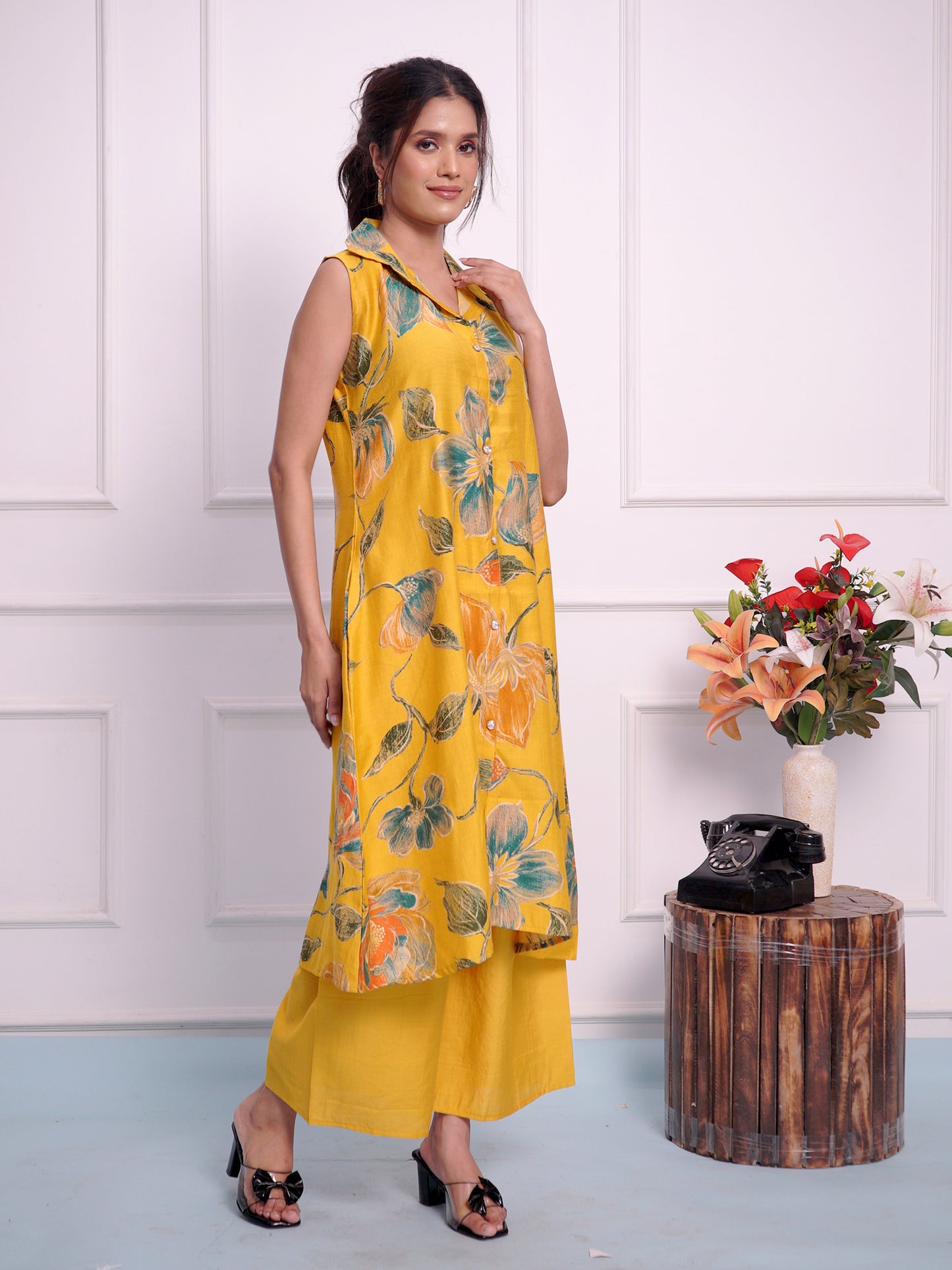 Yellow Printed Shirt Style Cord Set