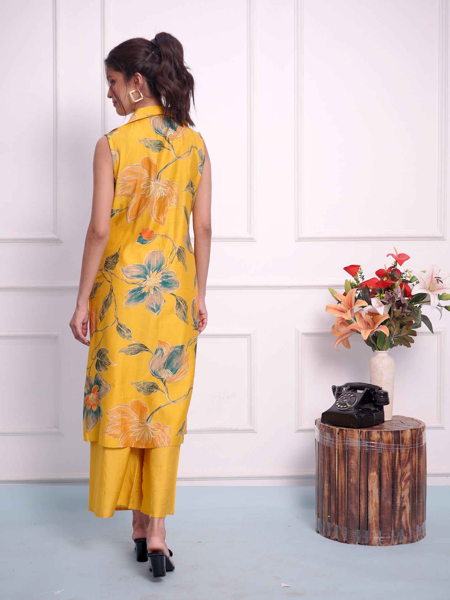 Yellow Printed Shirt Style Cord Set