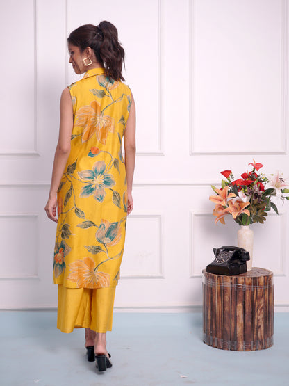 Yellow Printed Shirt Style Cord Set