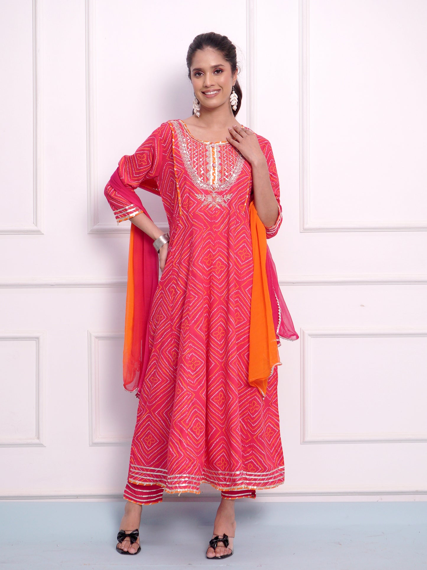 Hot Pink Jaipuri Print Frock Suit