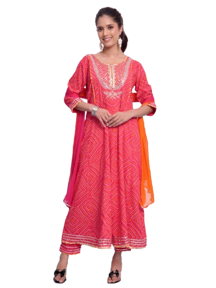 Hot Pink Jaipuri Print Frock Suit