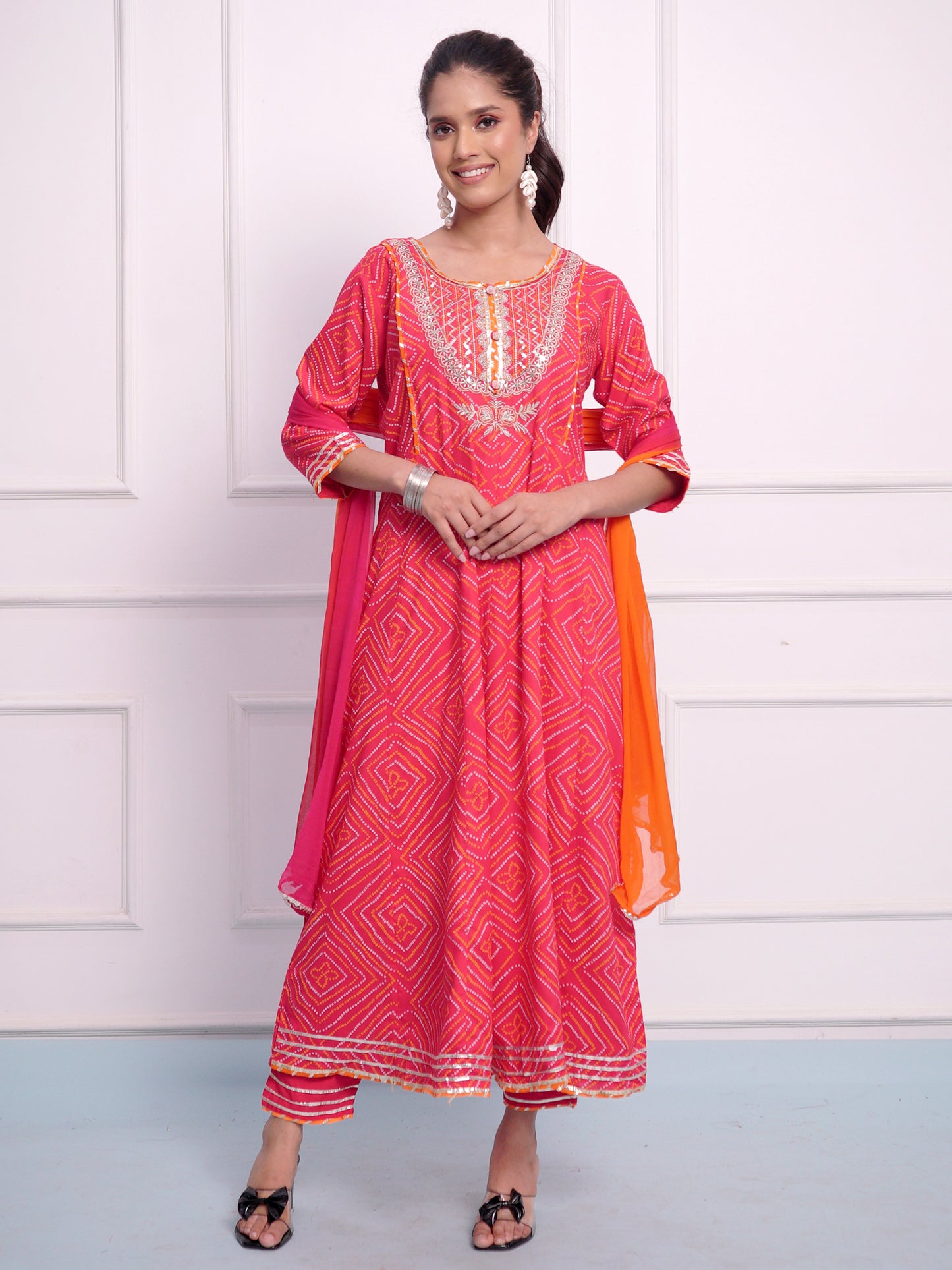 Hot Pink Jaipuri Print Frock Suit