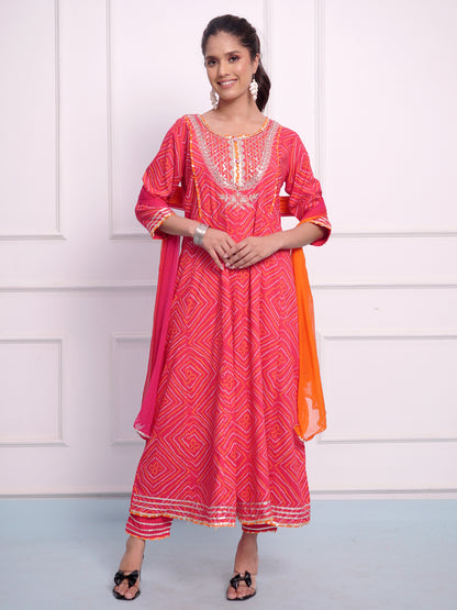 Hot Pink Jaipuri Print Frock Suit