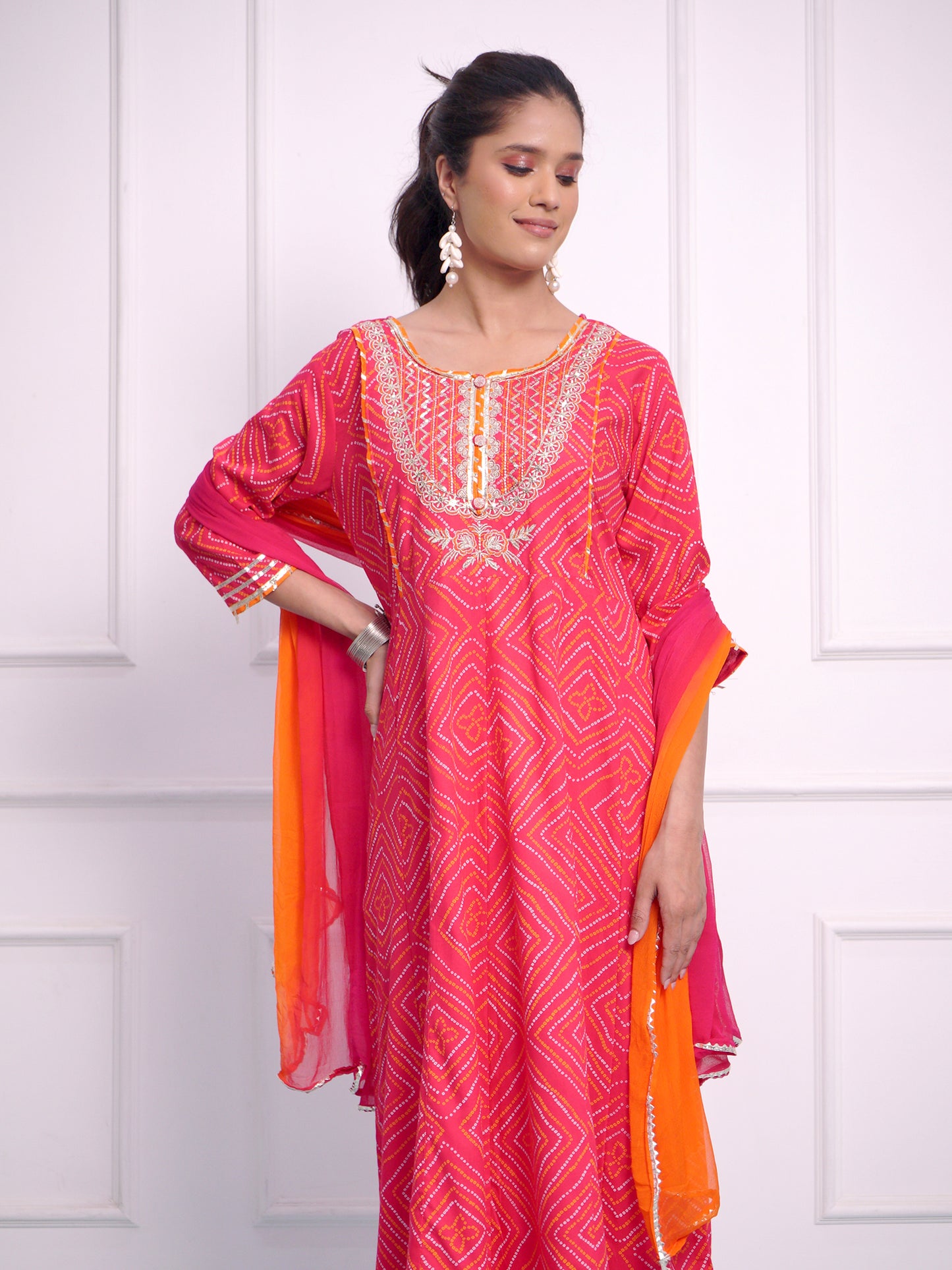 Hot Pink Jaipuri Print Frock Suit