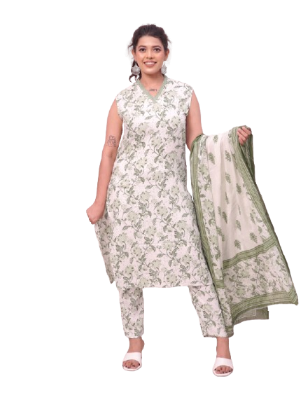Green Leaf Kurta Pant Dupatta Set
