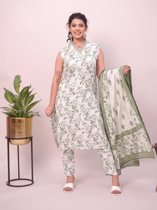 Green Leaf Kurta Pant Dupatta Set