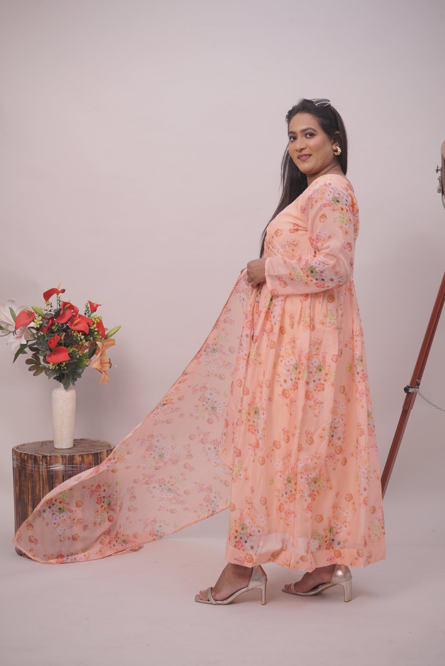 Peach Floral Anarkali kurta Pant Set