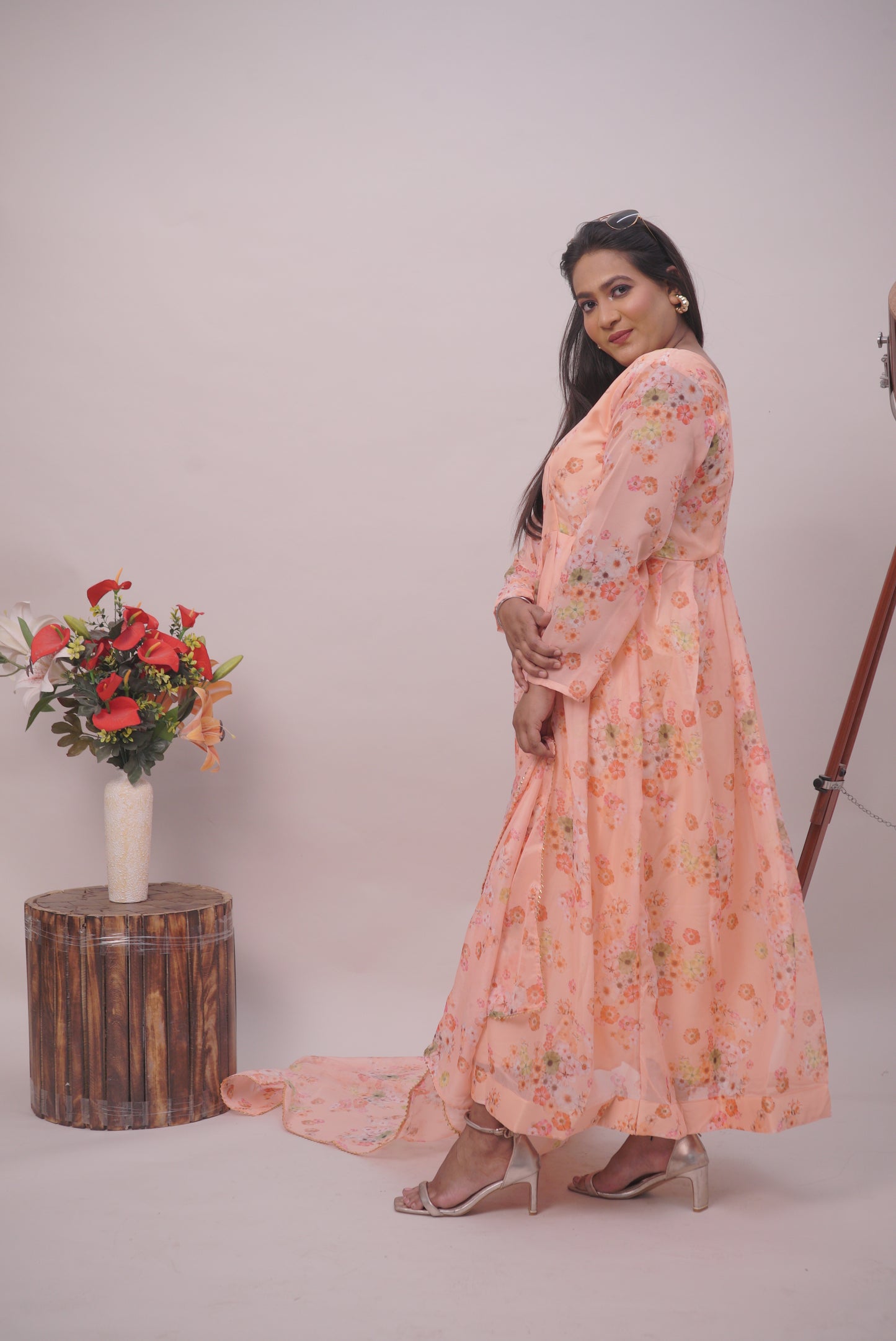 Peach Floral Anarkali kurta Pant Set