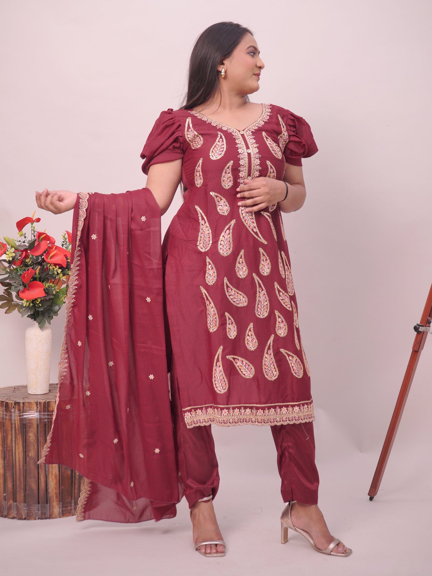Cherry A-Line Suit With Pant