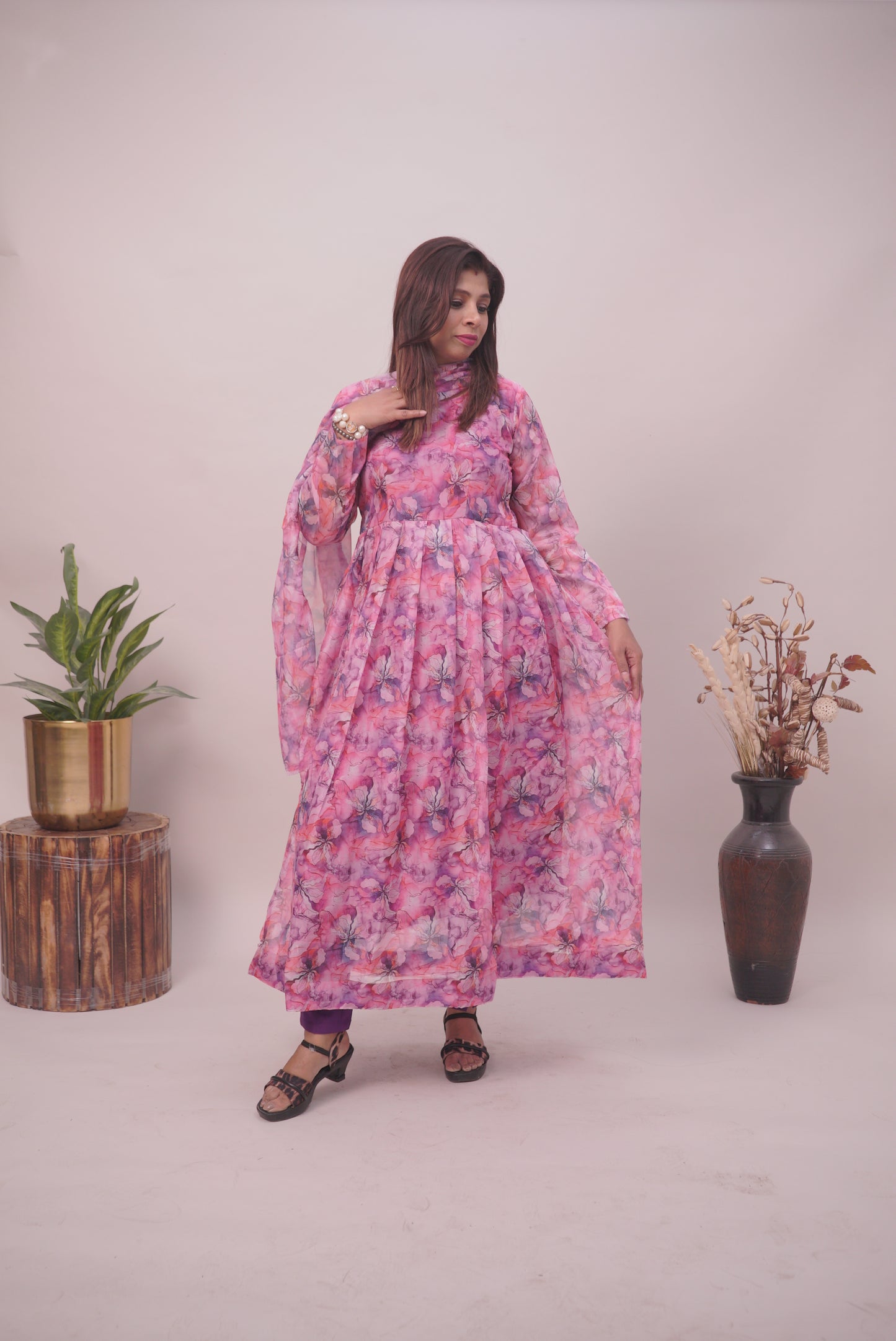 Purple Floral Pure Organza Anarkali Kurtis For Women| Girls |