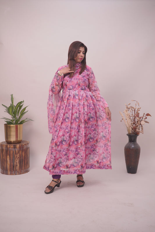 Purple Floral Pure Organza Anarkali Kurtis For Women| Girls |