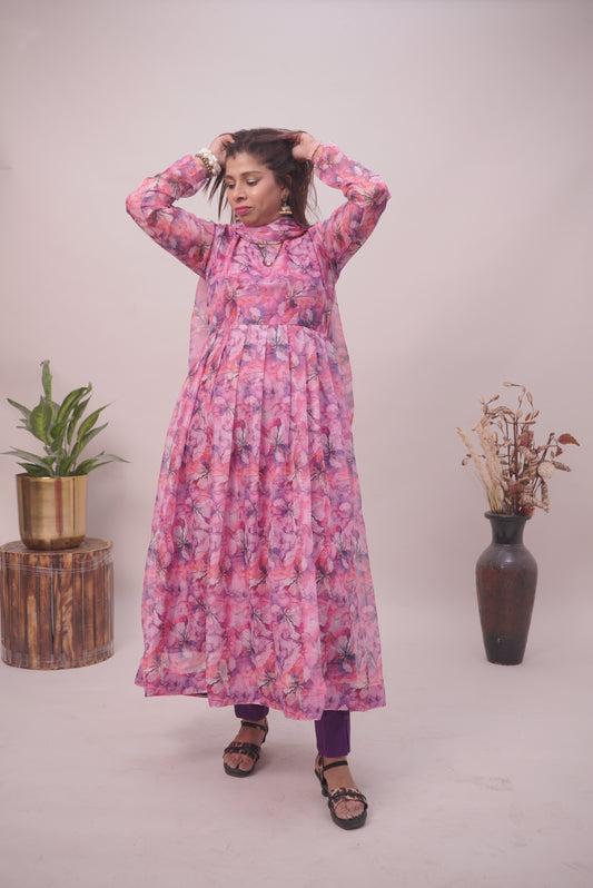 Kuberakshii - Purple Floral Pure Organza Anarkali Kurtis For Women| Girls |