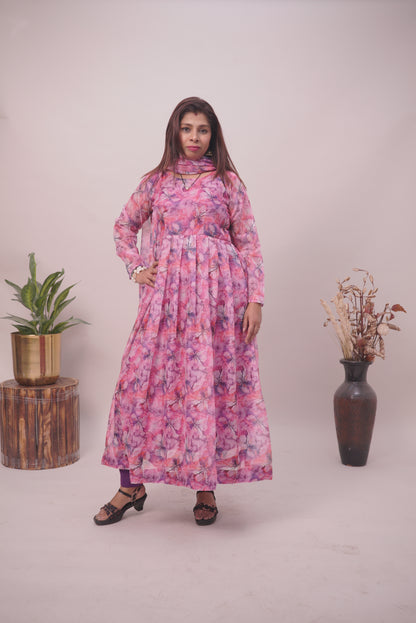 Purple Floral Pure Organza Anarkali Kurtis For Women| Girls |