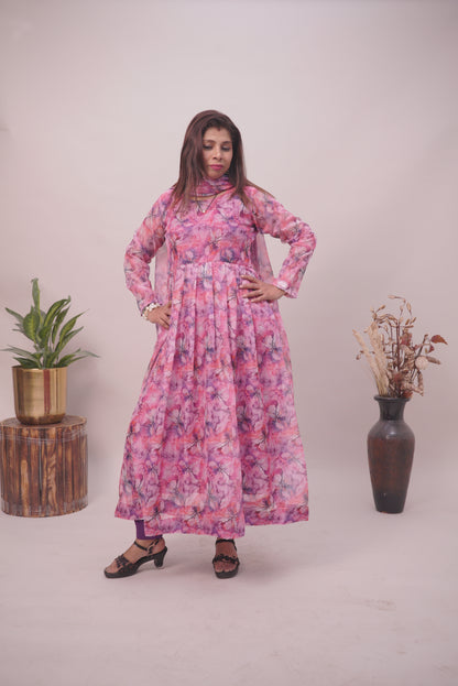 Purple Floral Pure Organza Anarkali Kurtis For Women| Girls |