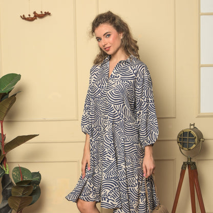 Shirt dress in beige and black For Women - Jaipuri patterned stretch Cotton