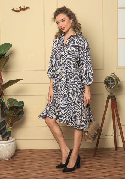 Shirt dress in beige and black For Women - Jaipuri patterned stretch Cotton