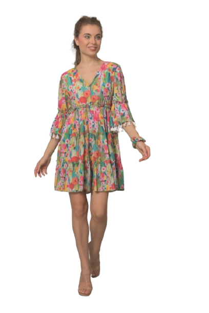 Krakshi- Multi Colour Pomp Pomp Short Dress for Women & Girls