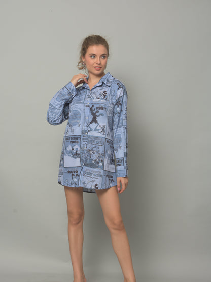 Mickey Printed Oversized Blue Shirt for Girls & Women