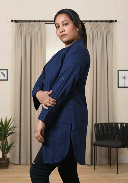 Navy Blue Faux Suede Long Waterfall Open Front Shirt For Women Ladies Girls
