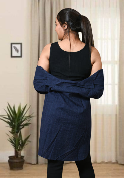 Navy Blue Faux Suede Long Waterfall Open Front Shirt For Women Ladies Girls