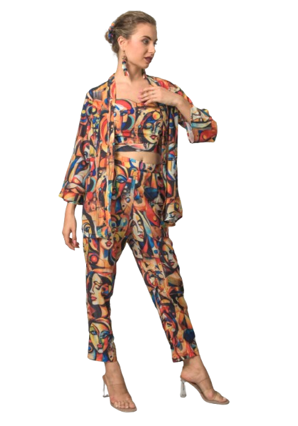Krakshi Cord Set - Face Print Three Piece European Style For Women