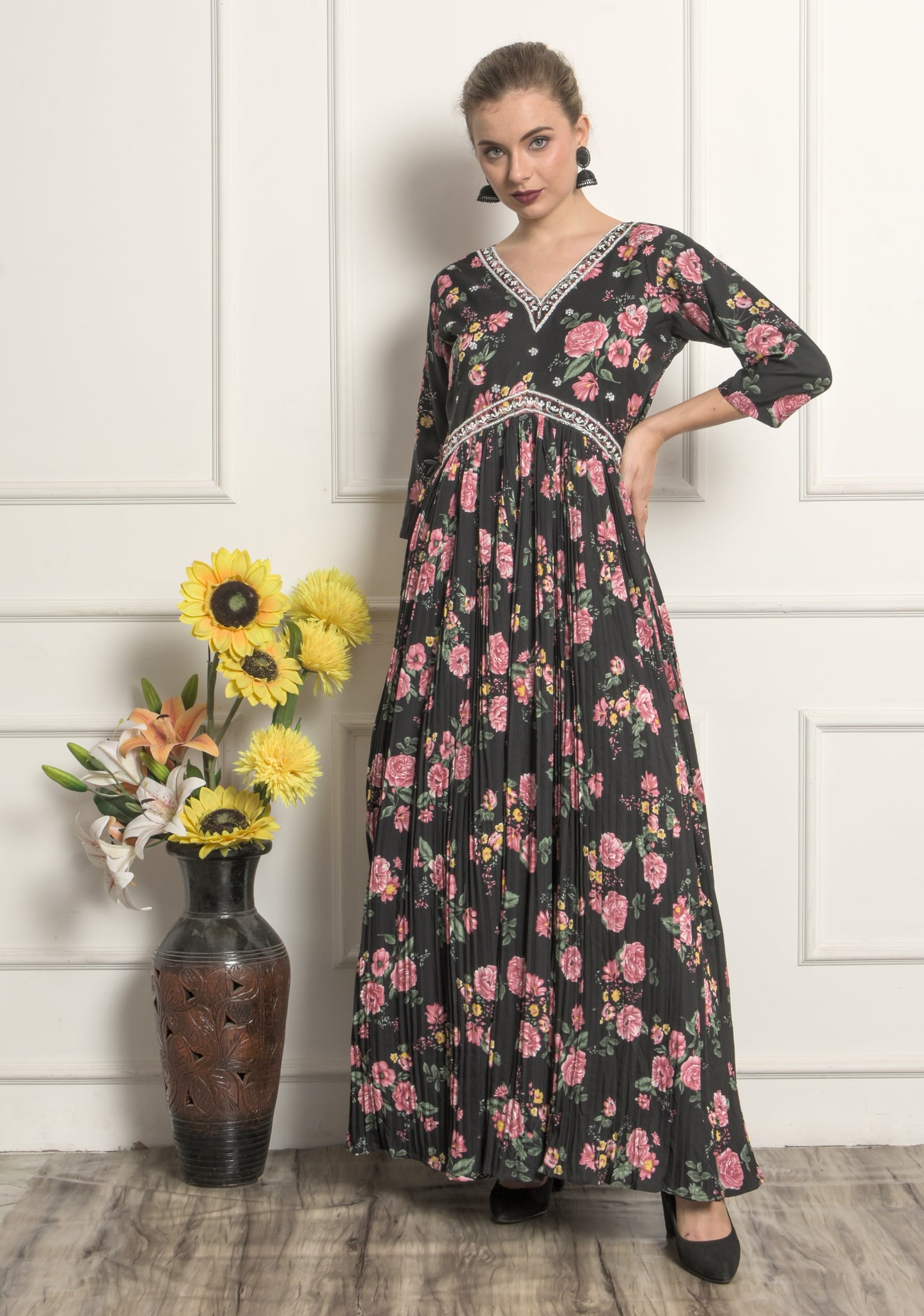 Black Georgette Floral Printed Gown for Women! ,Ladies, Girls- Party Wear