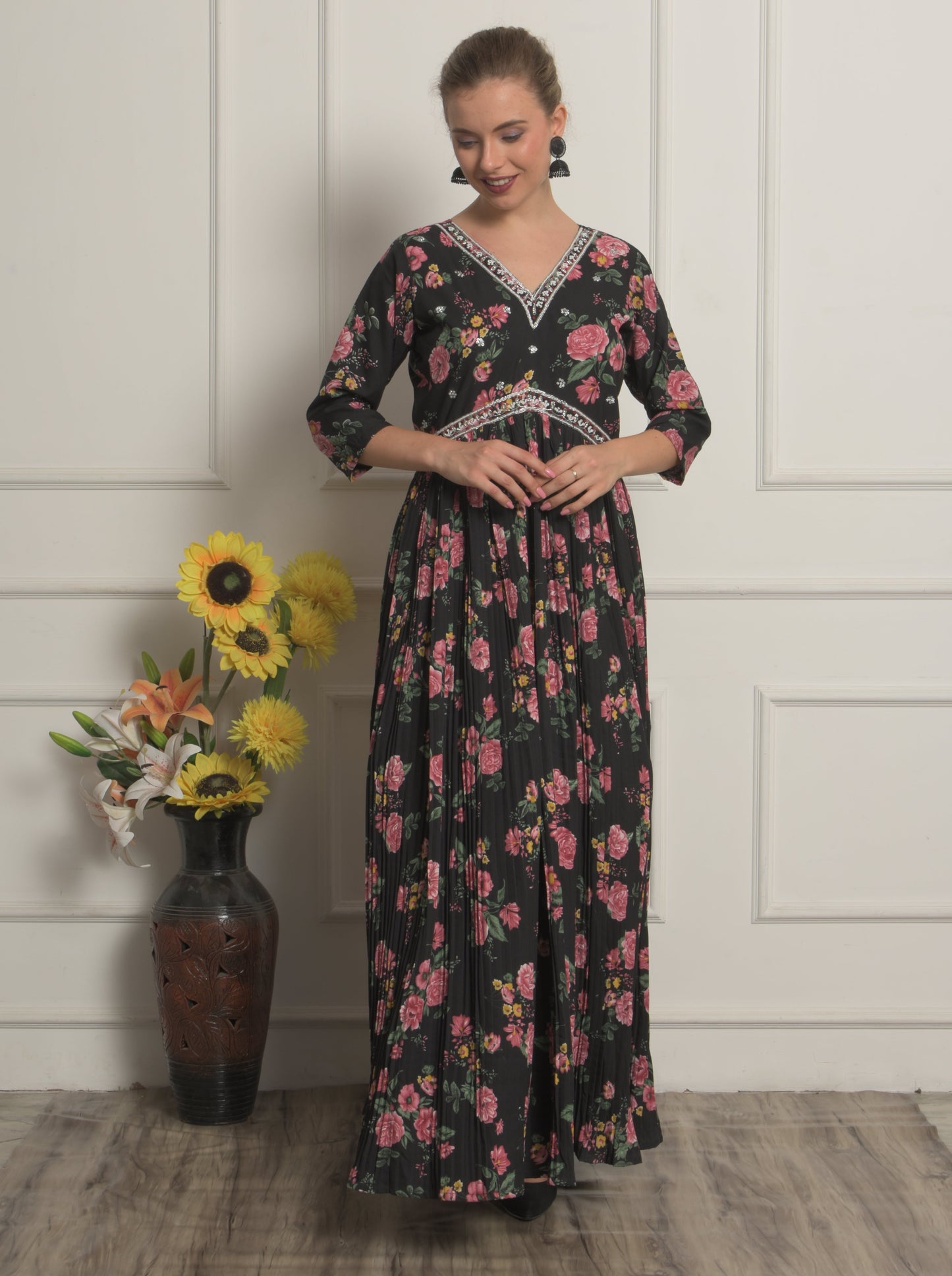 Black Georgette Floral Printed Gown for Women! ,Ladies, Girls- Party Wear