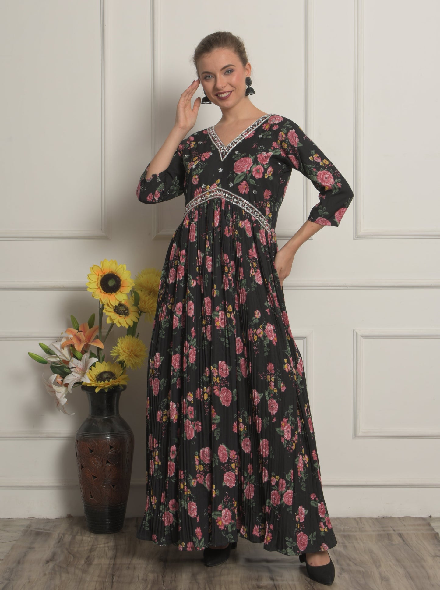 Black Georgette Floral Printed Gown for Women! ,Ladies, Girls- Party Wear