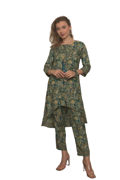 Krakshi- High Low Kurti style Cord Set for Women -Ambi Print