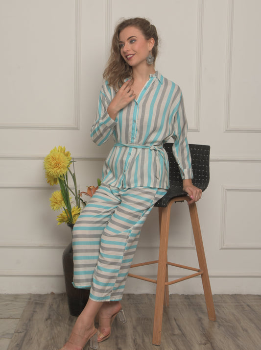 Comfy Blue Stripped printed style Cord Set for Women