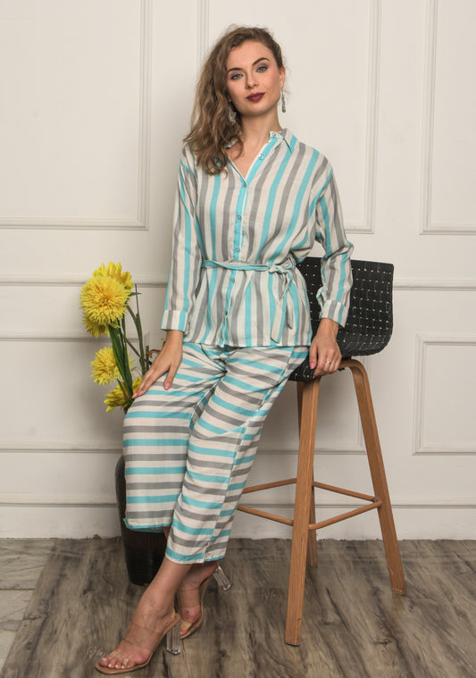 Kuberakshii -Comfy Blue Stripped printed style Cord Set for Women