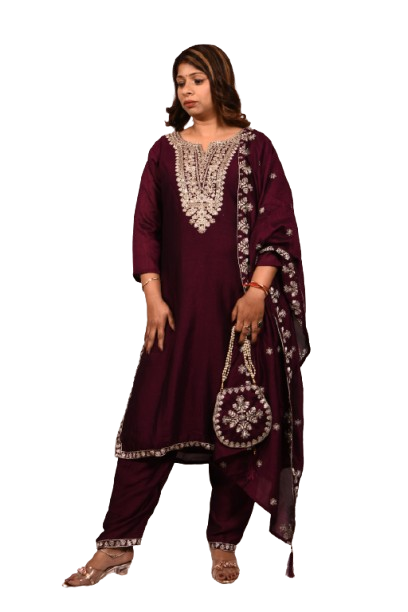 Krakshi-Kurta Set For Women - Wine  colour Zari Sequence Embroidered Kurta Pant with Dupatta