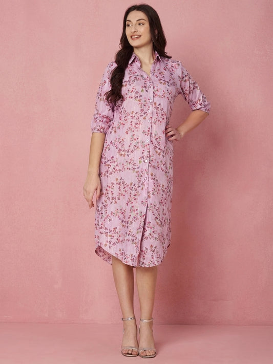 Kuberakshi- Lavender printed long shirt style dress with belt