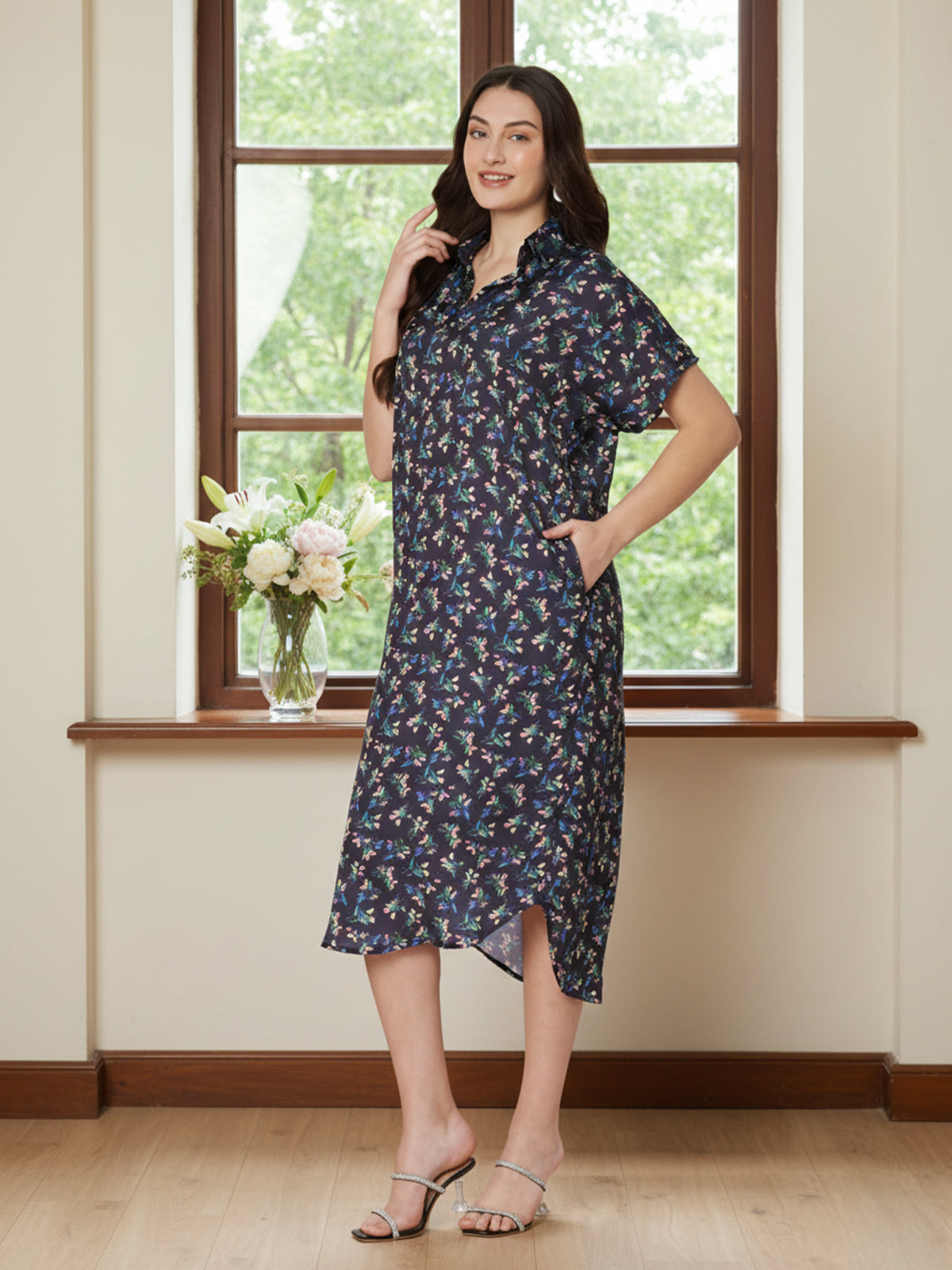 Kuberakshi- Black With small flower print shirt style long Dress