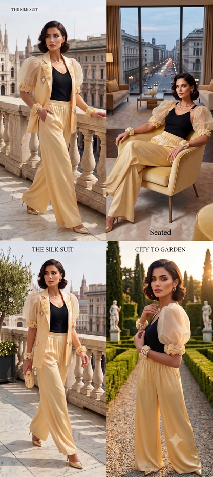 Champagne Gold Satin Suit Set for Women- Kuberakshii