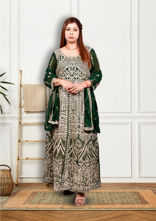 Bottle Green Heavy mirror Work Anarkali Gown with Palazzo for Women| Girls | Ladies