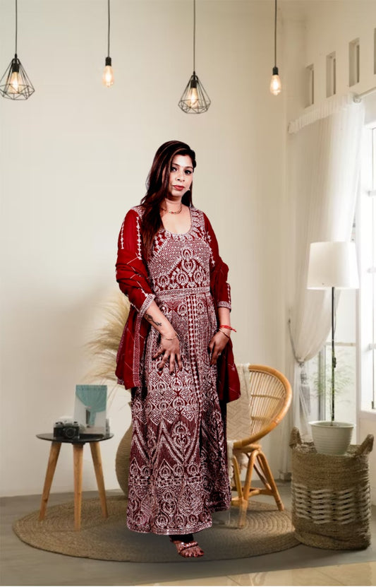 Maroon Heavy mirror Work Anarkali Gown with Palazzo for Women| Girls |Ladies