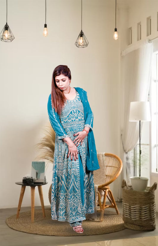 Sky Blue Heavy Mirror Work Anarkali Gown with Palazzo for Women| Girls|Ladies