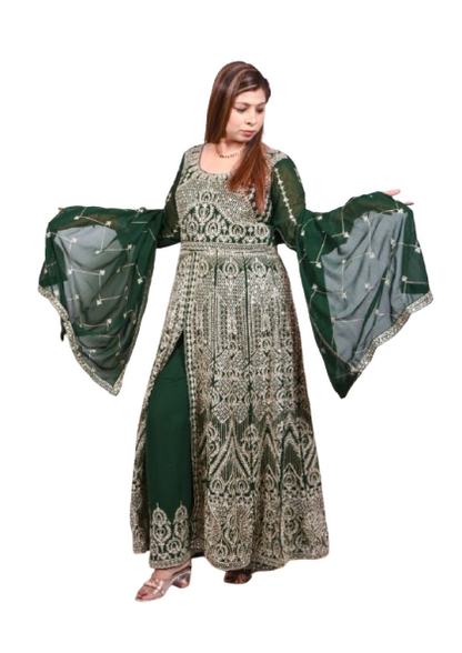 Bottle Green Heavy mirror Work Anarkali Gown with Palazzo for Women| Girls | Ladies