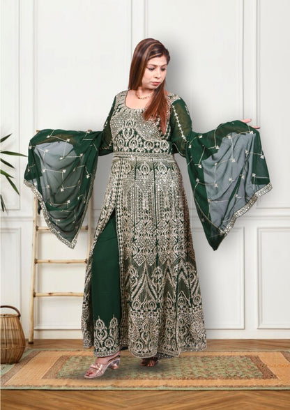 Bottle Green Heavy mirror Work Anarkali Gown with Palazzo for Women| Girls | Ladies