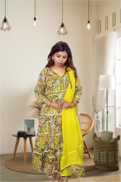 Mehndi yellow Anarkali cotton suit for Women|| Girls|| Ladies