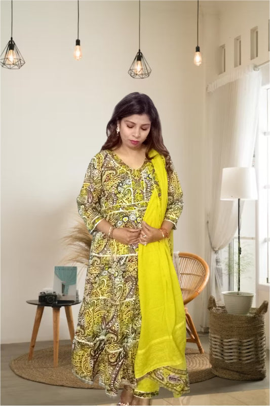 Mehndi yellow Anarkali cotton suit for Women|| Girls|| Ladies