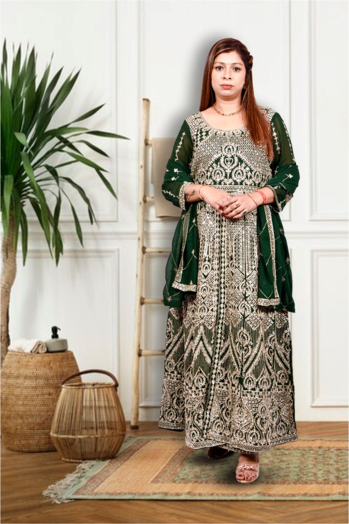 Bottle Green Heavy mirror Work Anarkali Gown with Palazzo for Women| Girls | Ladies