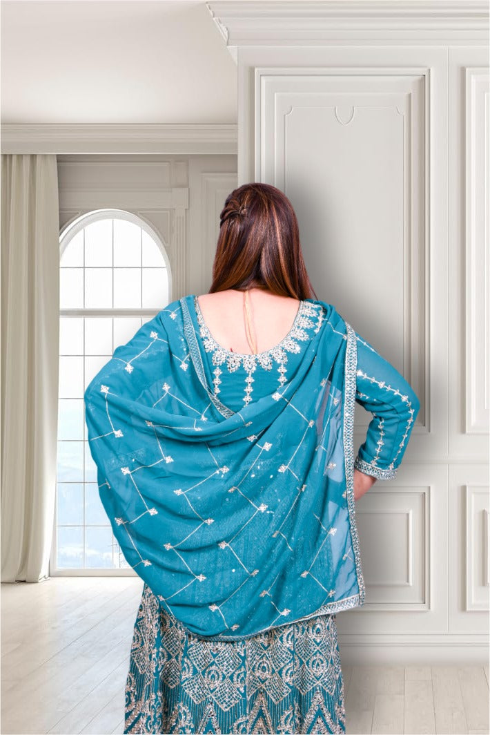 Sky Blue Heavy Mirror Work Anarkali Gown with Palazzo for Women| Girls|Ladies