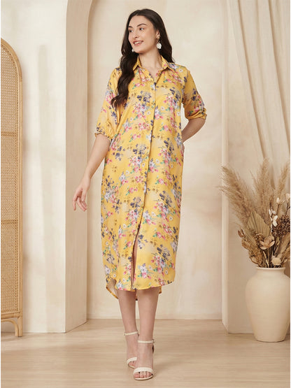 Kuberakshi- Dark yellow with jungle print long shirt style dress
