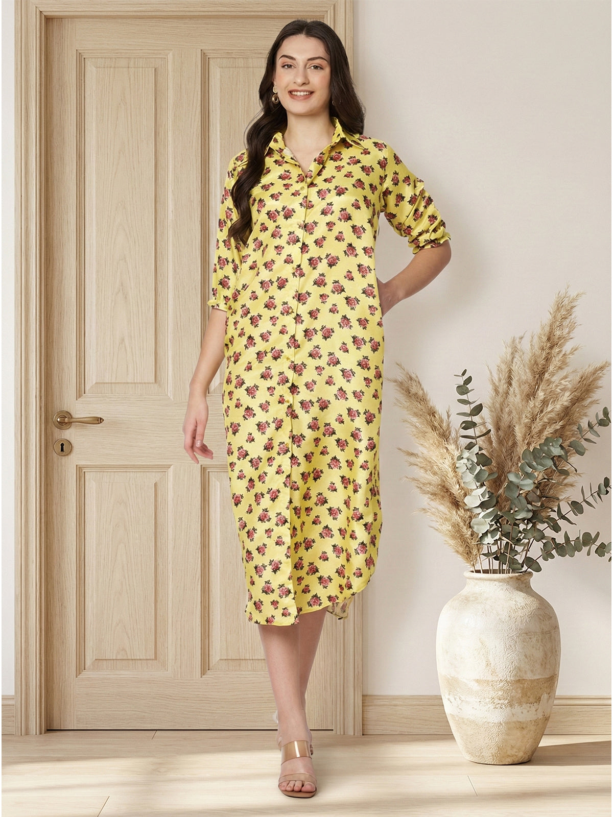 Kuberakshi -Yellow with small flower print shirt style long dress