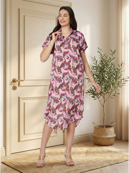 Kuberakshi-Pink Peacock Print  long dress with stylish sleeves